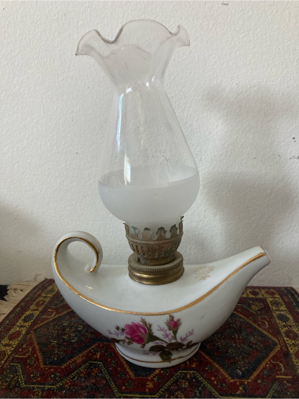 Moss Rose Mini Oil Lamp with Pink Floral Accent White Porcelain  Glass Chimney